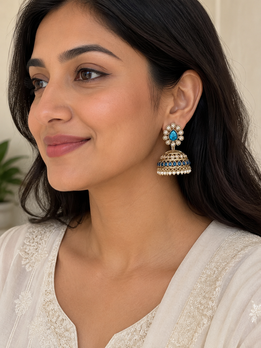 Blue Stone Floral Jhumka Earrings with Pearl Drops