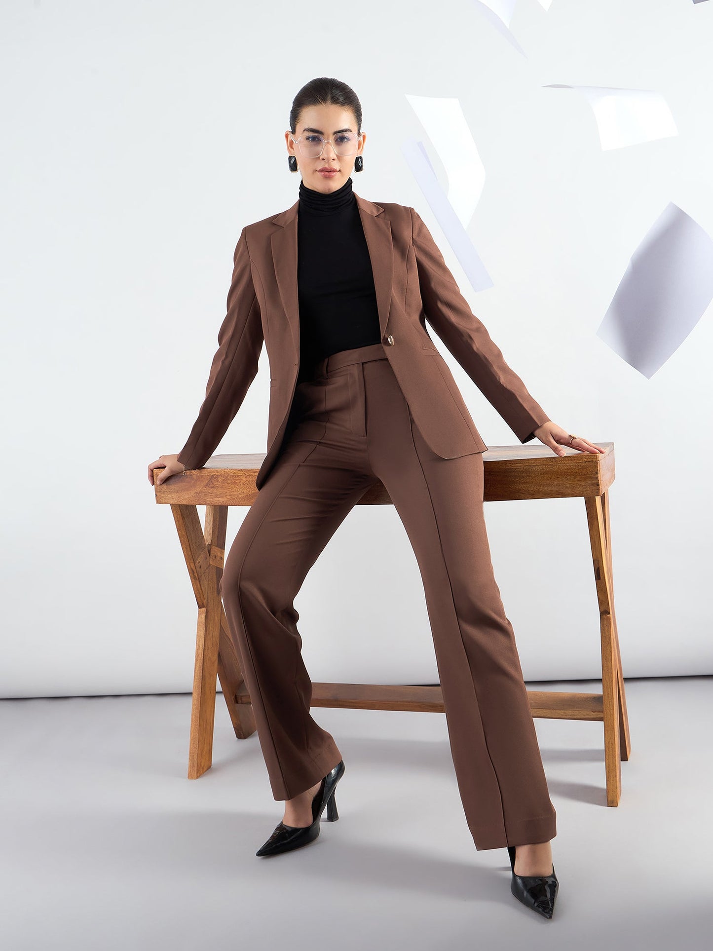 PowerSutra Brown Notched Lapel Blazer With High-Waist Trouser In Stretchable Fabric