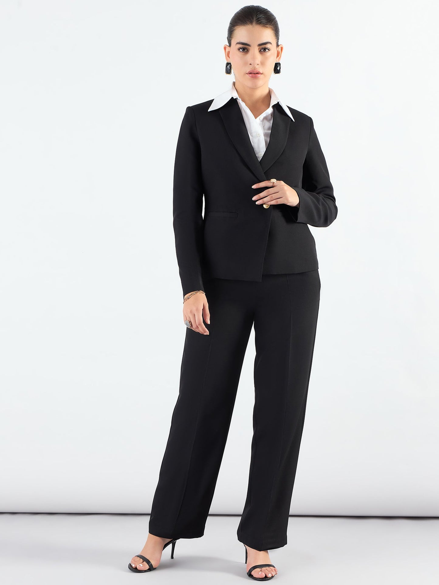 PowerSutra Chic Black Asymmetric Blazer Styled With Fitted Trouser