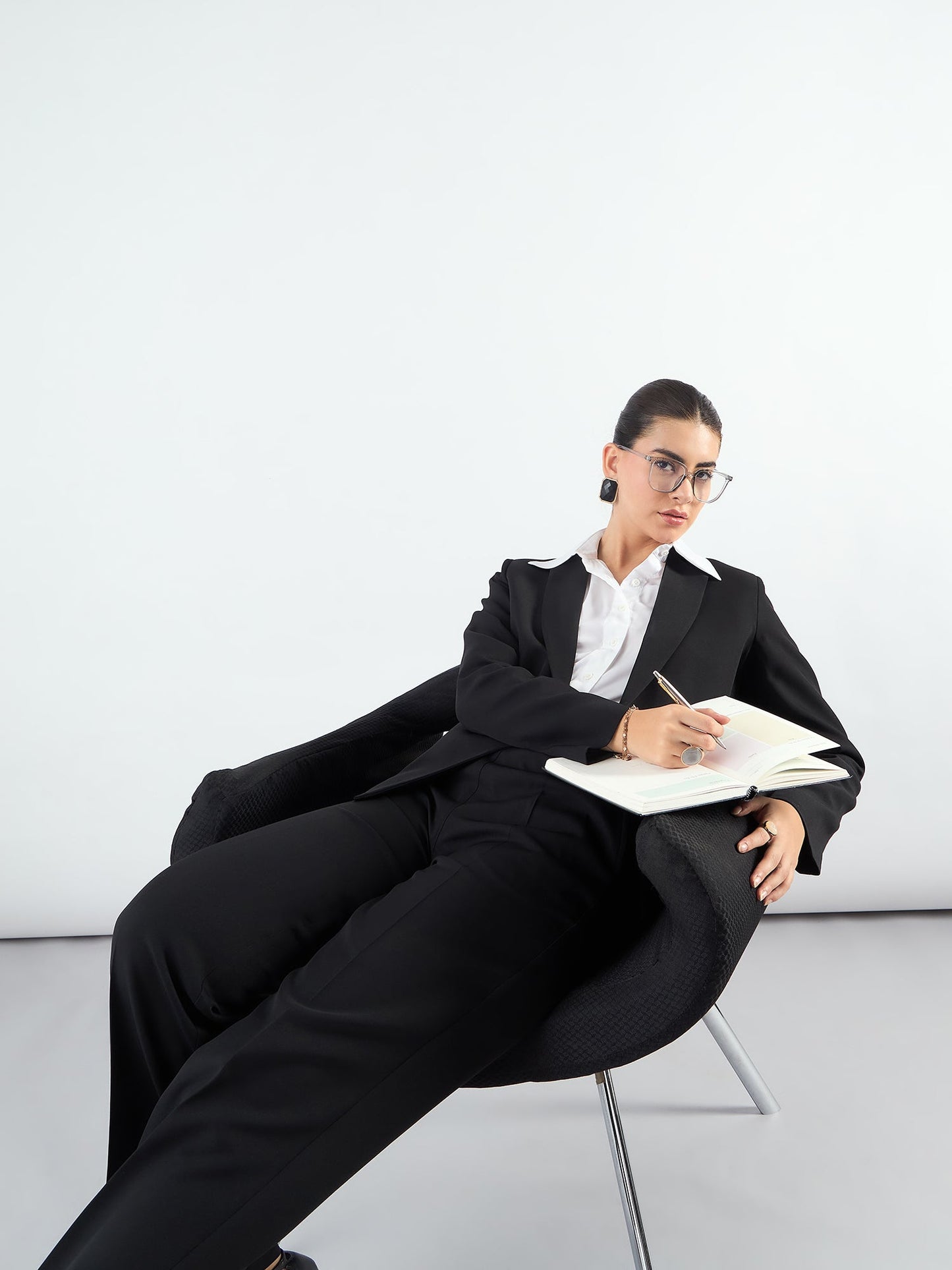PowerSutra Chic Black Asymmetric Blazer Styled With Fitted Trouser