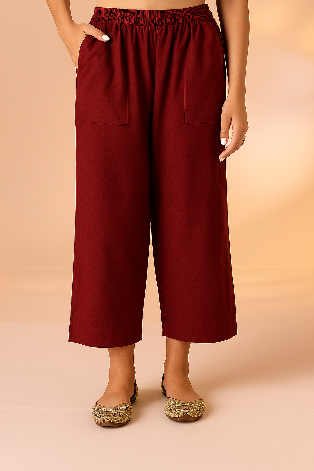 Maati Craft Comfort Fit Cotton Pants - Maroon Linen Cotton
