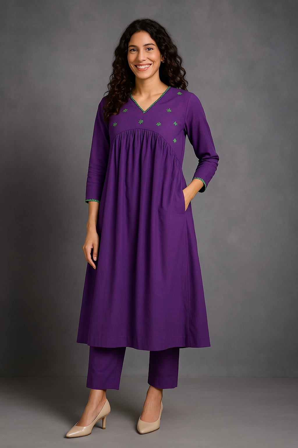 Maati Craft Co-ord Set Vivid Violet & Lime V-Neck Gather Anarkali (Set of 2)