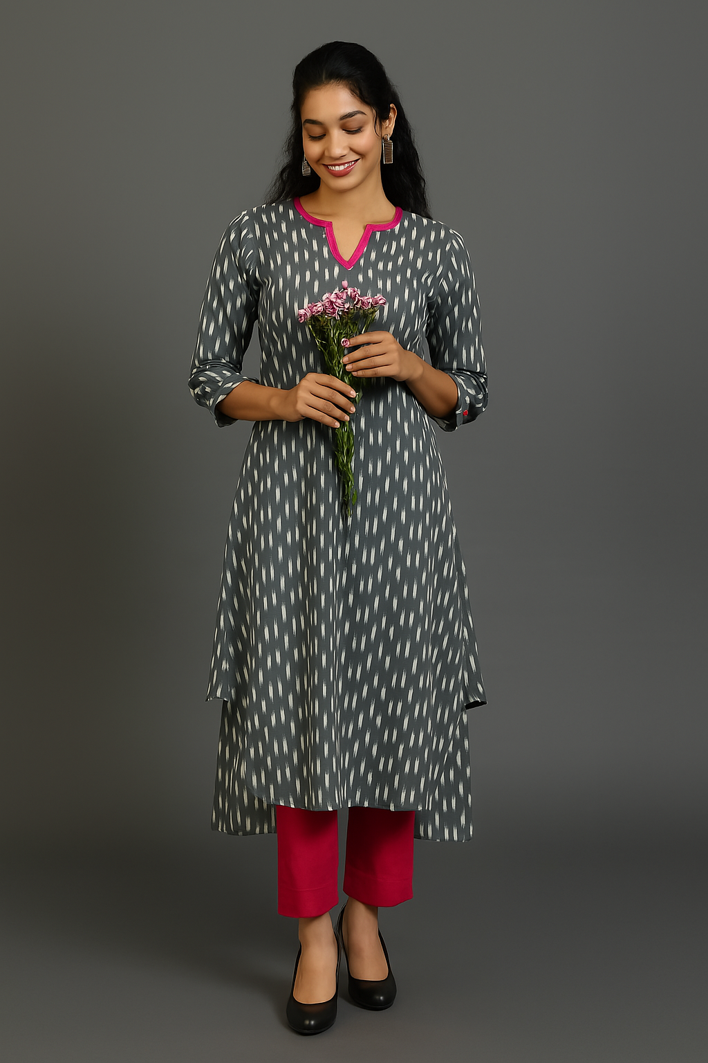 Maati Craft Ash Rose Sprinkle Ikat Long Kurta with Side Twist