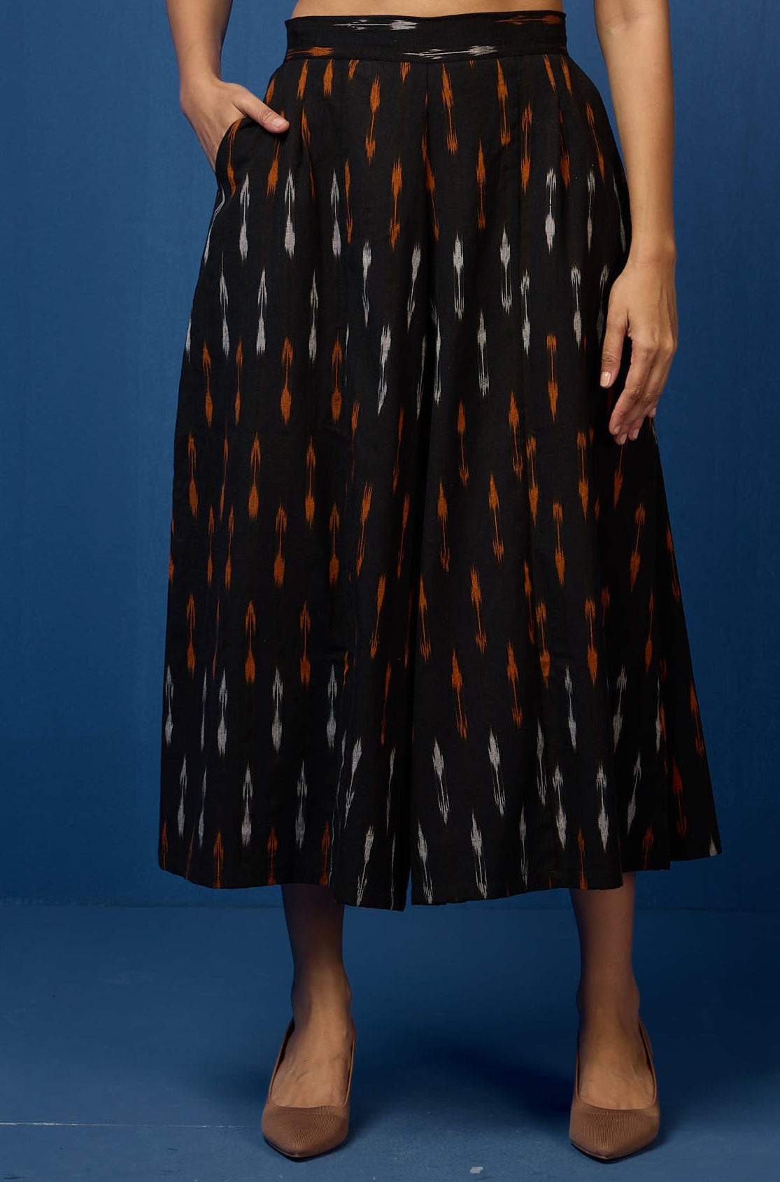 Maati Craft box pleated culotte - black orange ikat