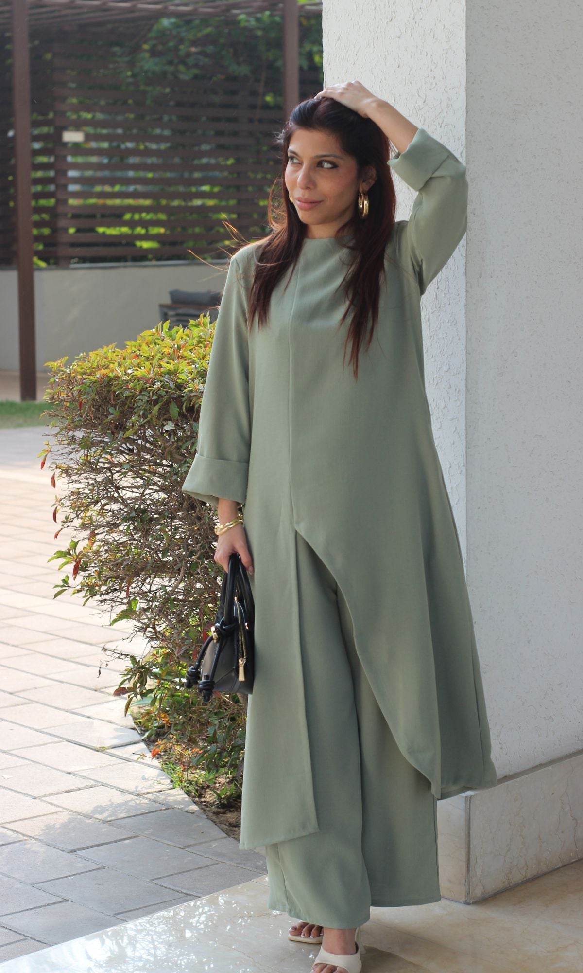 Sage Green High Neck Front Slit Textured Co - ord - Baareeki