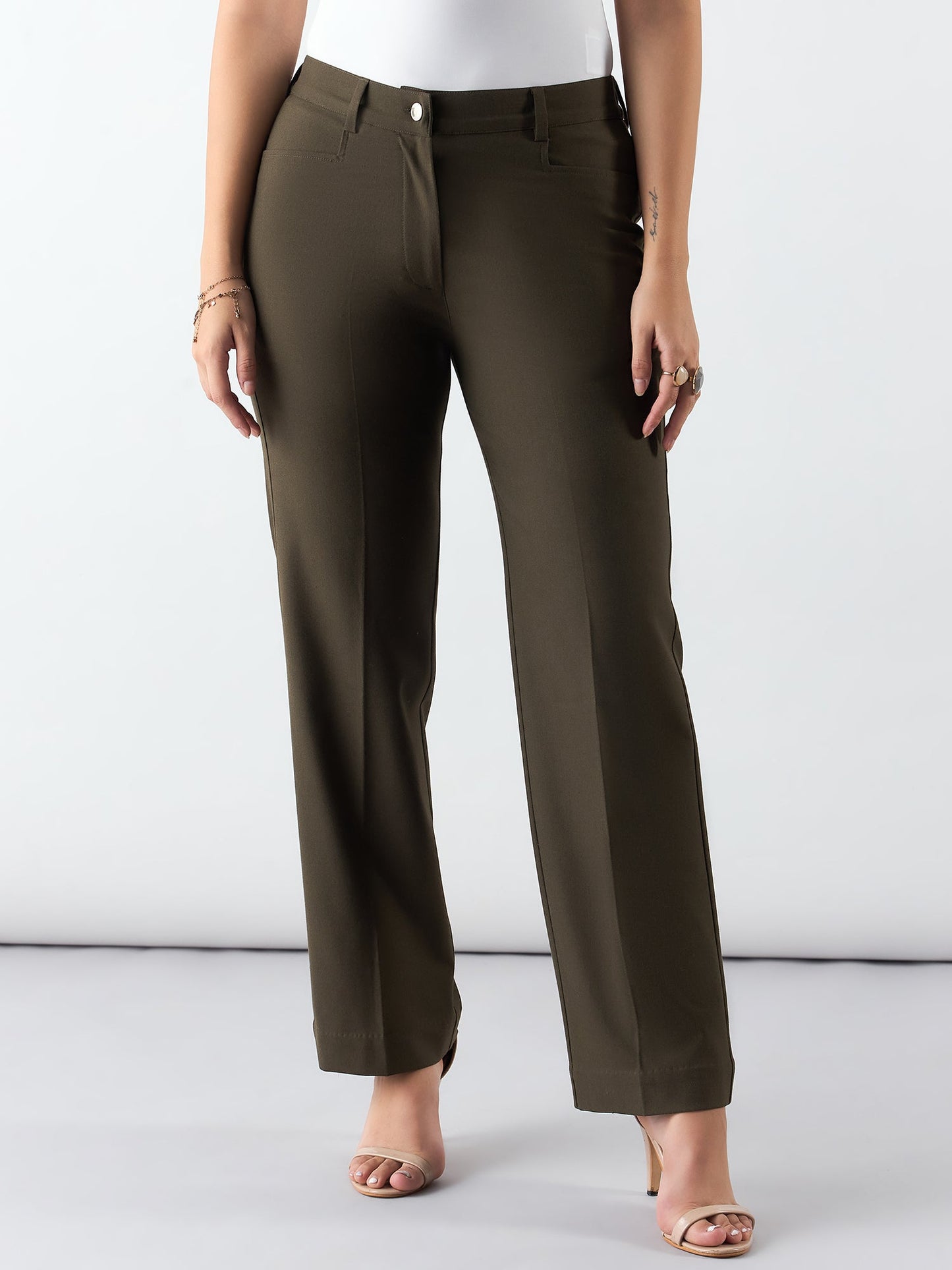 PowerSutra Olive Regular Fit Mid Waist Trouser In 4-Way Stretch Fabric