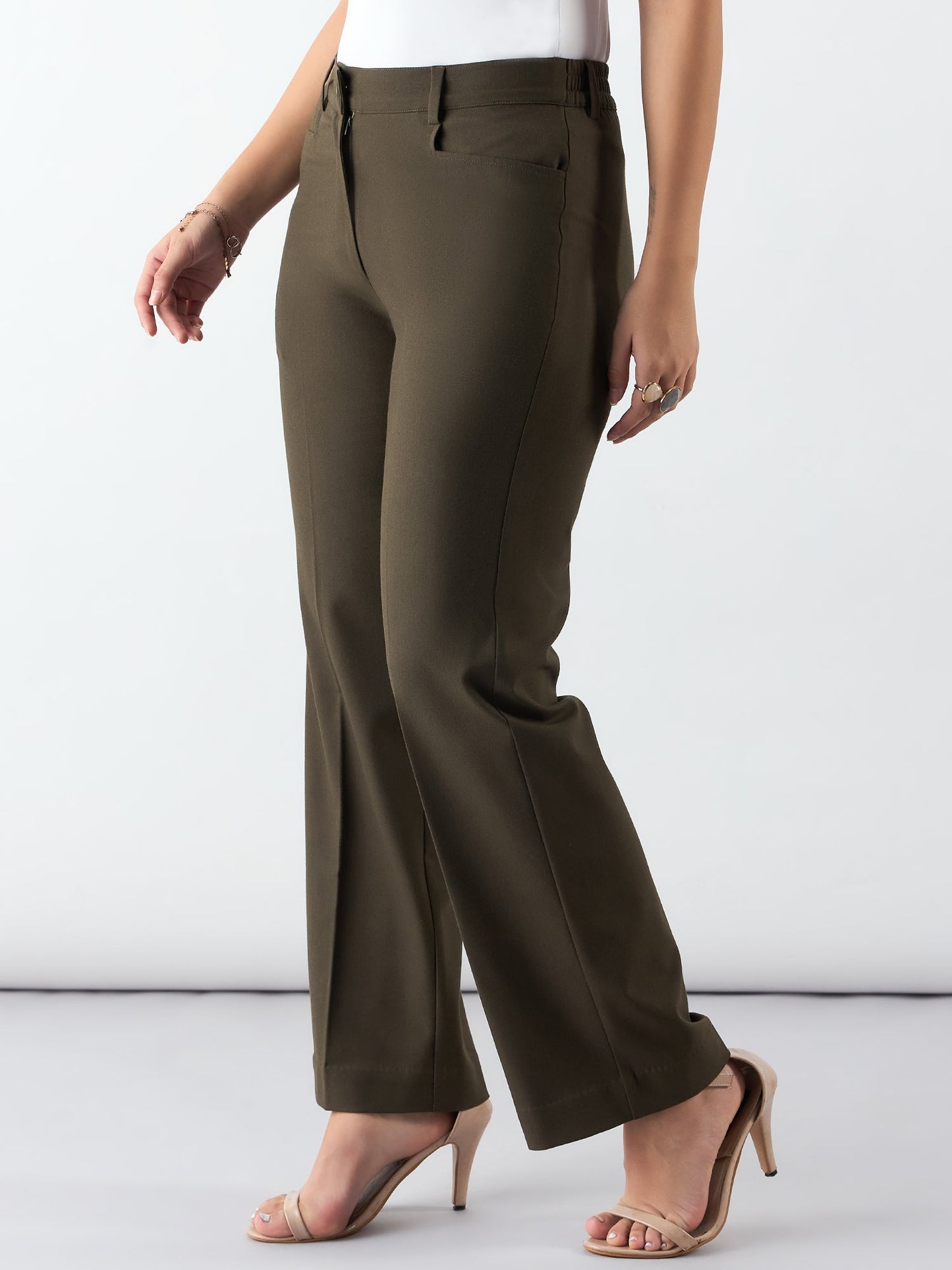 PowerSutra Olive Regular Fit Mid Waist Trouser In 4-Way Stretch Fabric