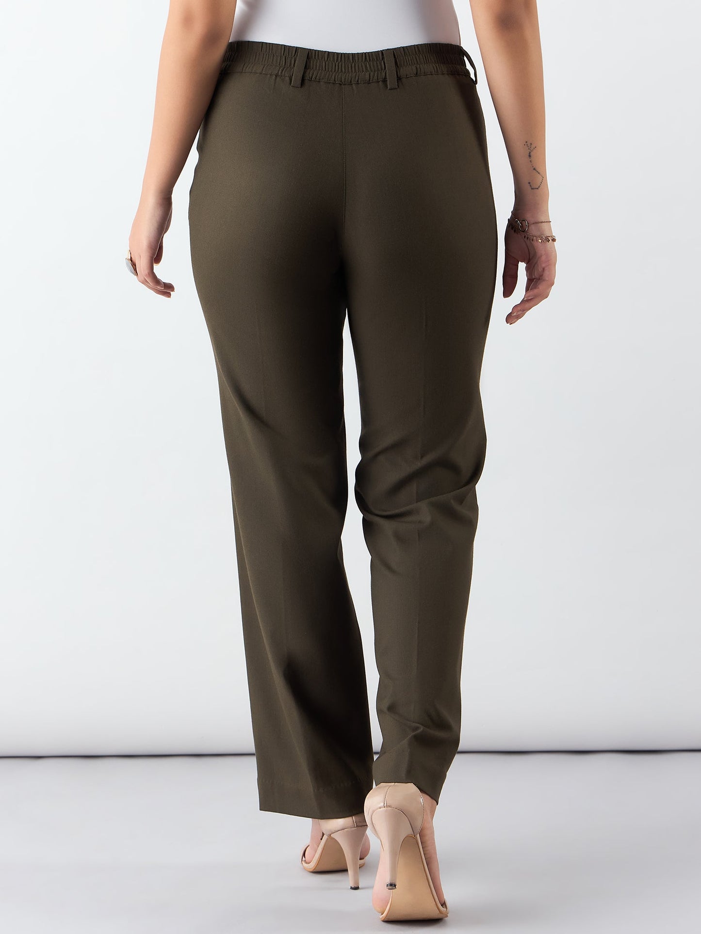 PowerSutra Olive Regular Fit Mid Waist Trouser In 4-Way Stretch Fabric