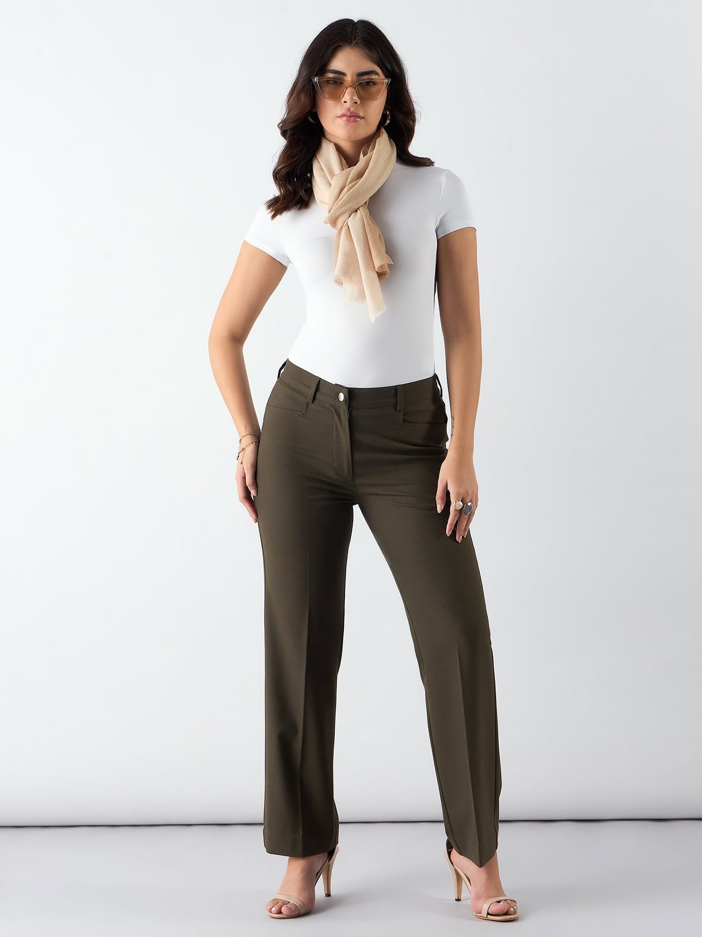 PowerSutra Olive Regular Fit Mid Waist Trouser In 4-Way Stretch Fabric