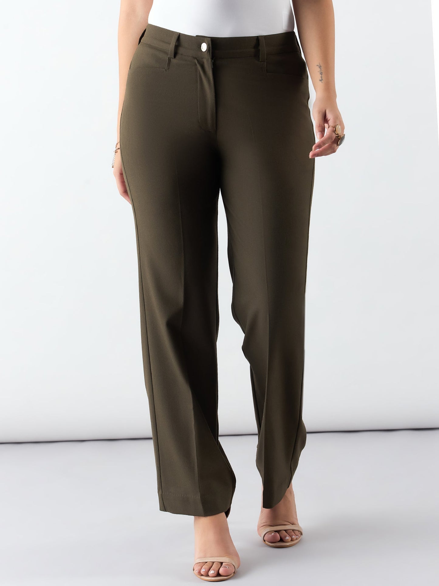 PowerSutra Olive Regular Fit Mid Waist Trouser In 4-Way Stretch Fabric