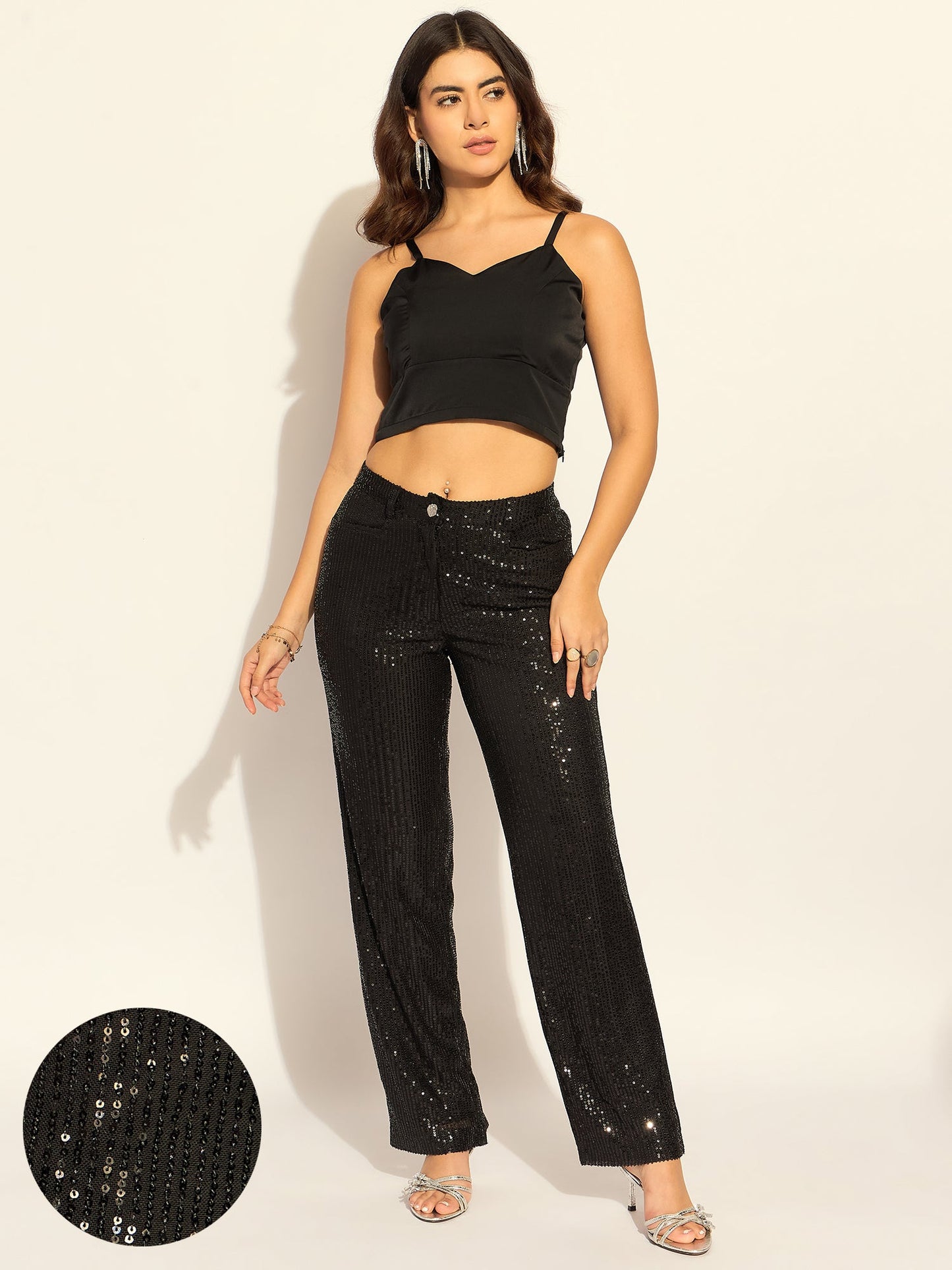 PowerSutra Black Sequined High Waist Trouser In Stretchable Fabric