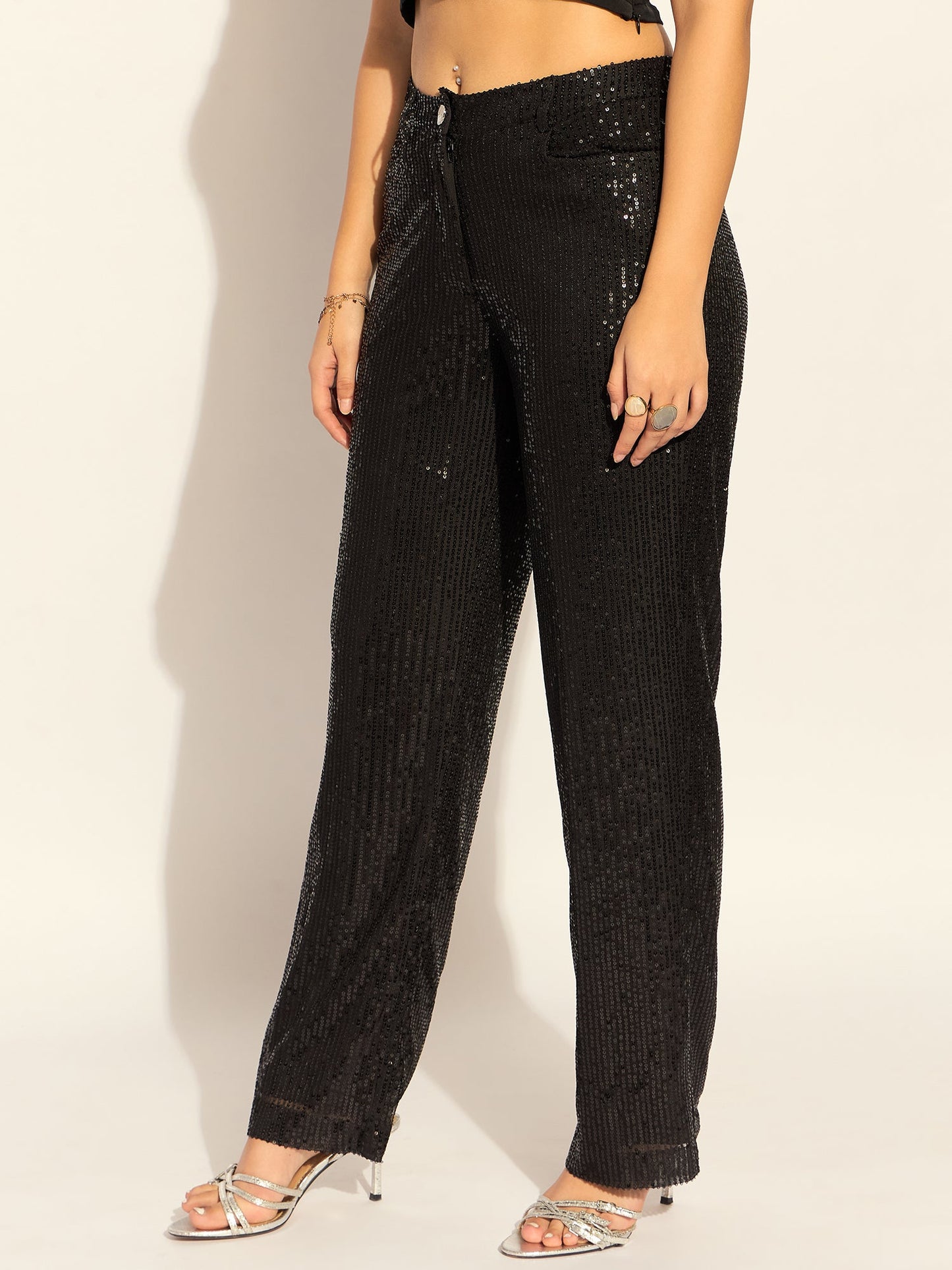 PowerSutra Black Sequined High Waist Trouser In Stretchable Fabric