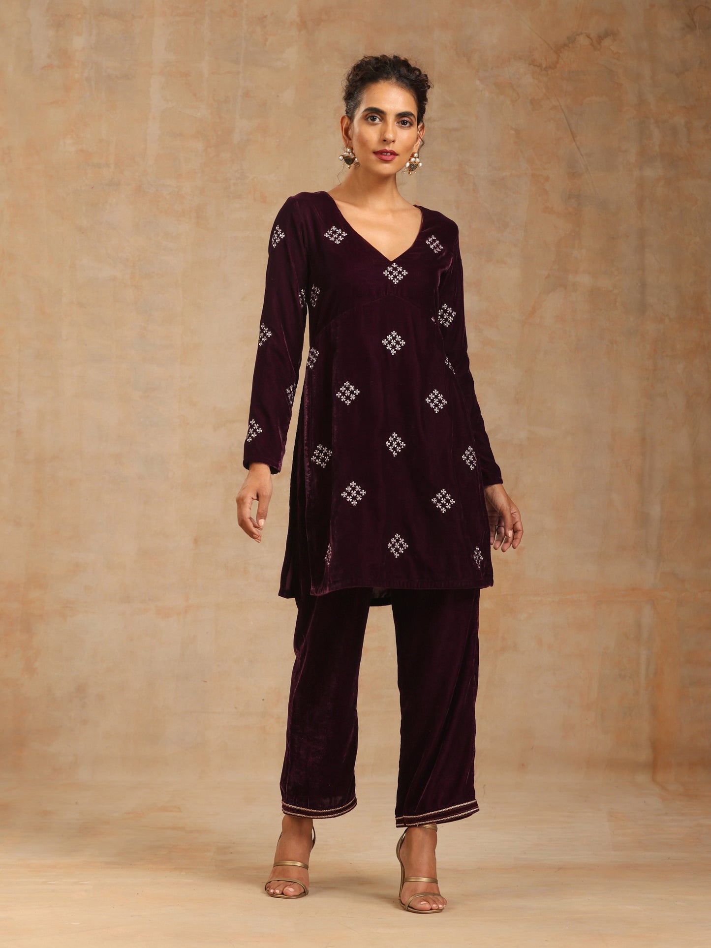 trueBrowns Wine Velvet Embroidered Co-ord Set LP- 48Hr Delivery