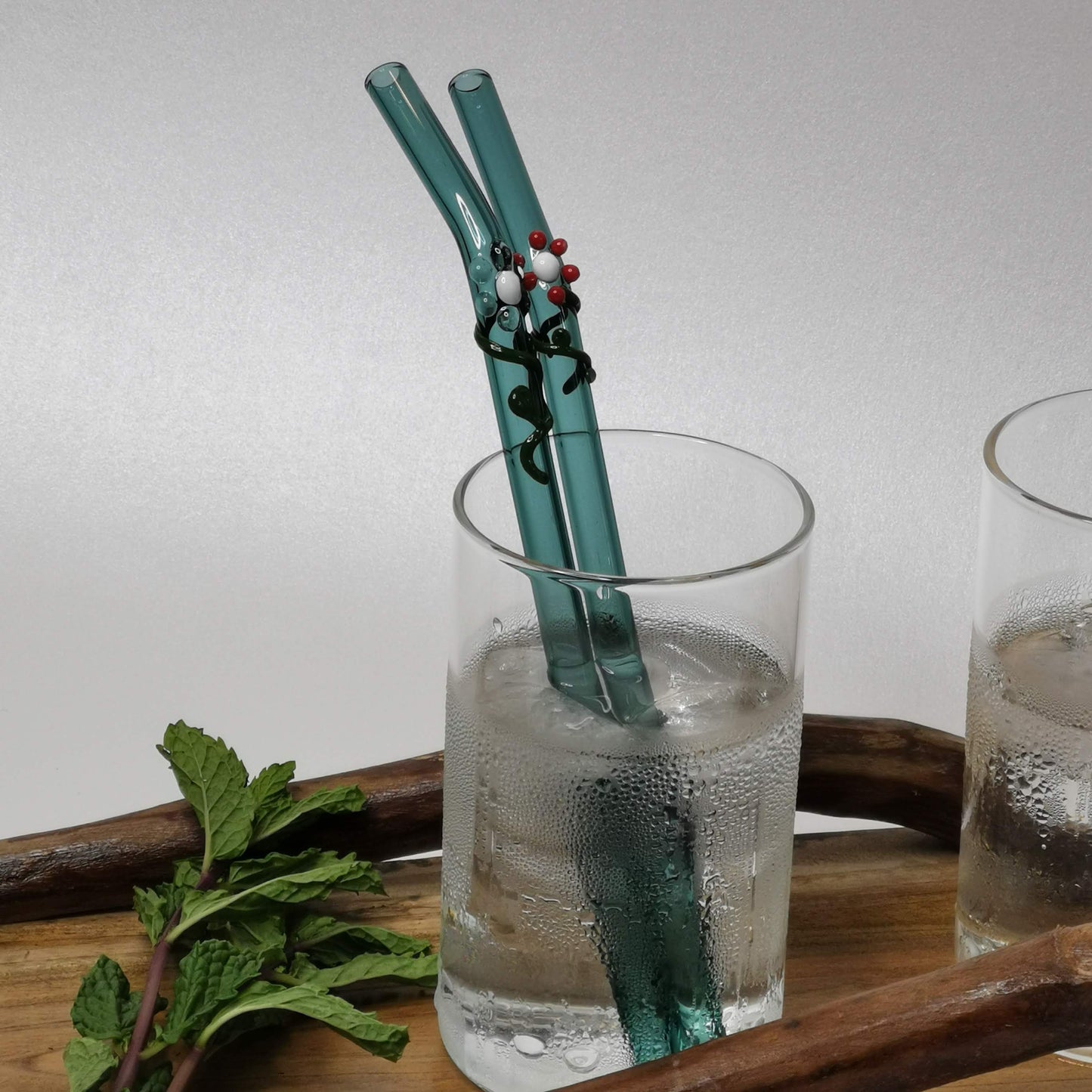 Glass Straws Floral Art Set of 2 - Aqua Green