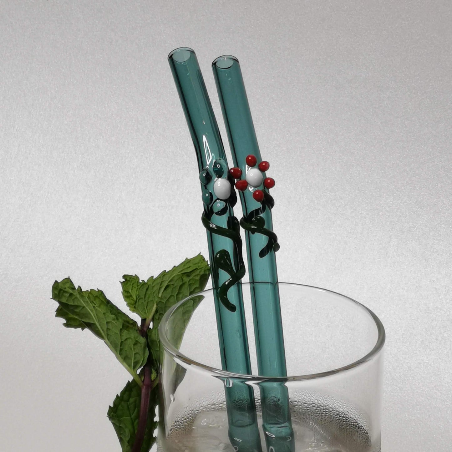Glass Straws Floral Art Set of 2 - Aqua Green