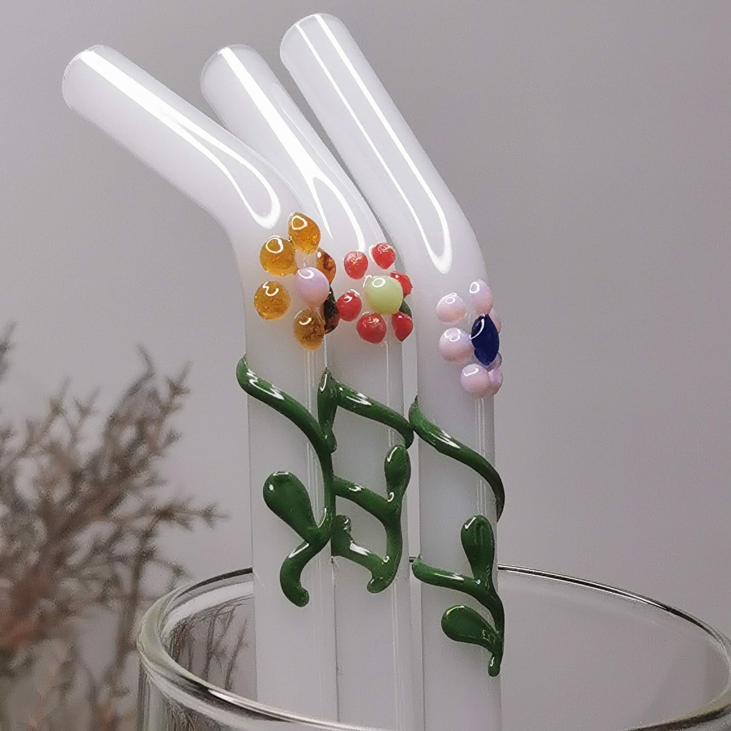 Glass Straws Floral Art Set of 2 - Opal Floral