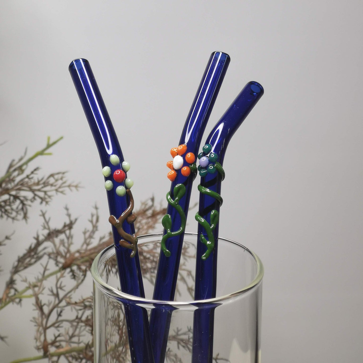 Glass Straws Floral Art Set of 2 - Blue