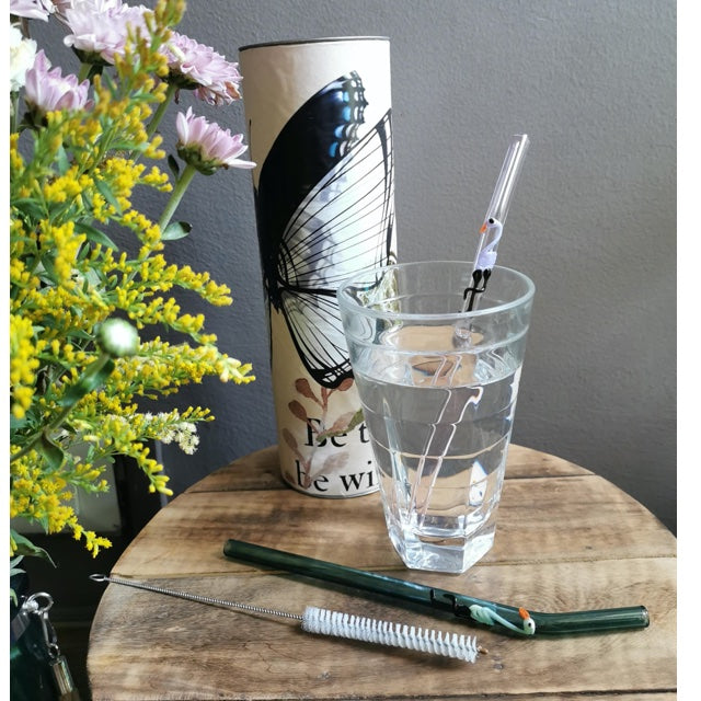 '- Flamingo Art Glass Straws 8" x 9.5 mm Handblown -Pack of 2 with brush