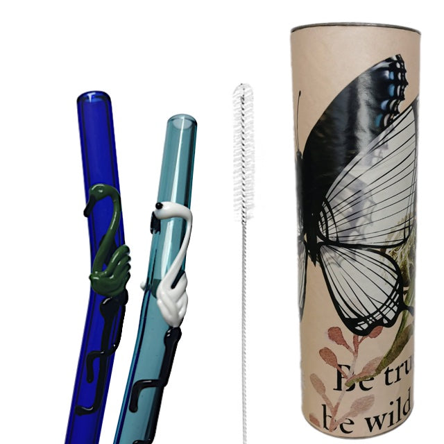 '- Flamingo Art Glass Straws 8" x 9.5 mm Handblown -Pack of 2 with brush