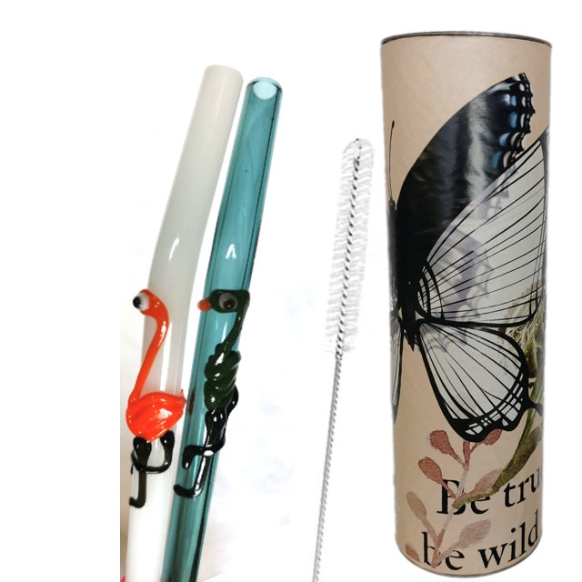 '- Flamingo Art Glass Straws 8" x 9.5 mm Handblown -Pack of 2 with brush