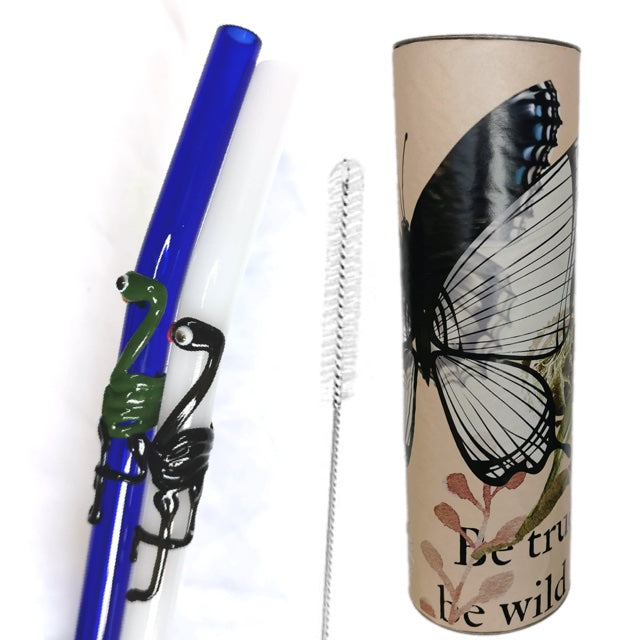 '- Flamingo Art Glass Straws 8" x 9.5 mm Handblown -Pack of 2 with brush