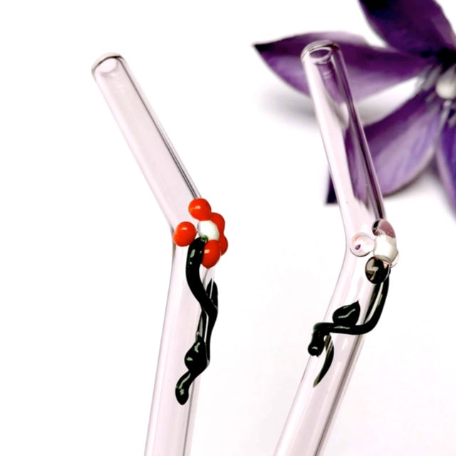 Glass Straws , Floral Art Set of 2 Drinking straws-Pink