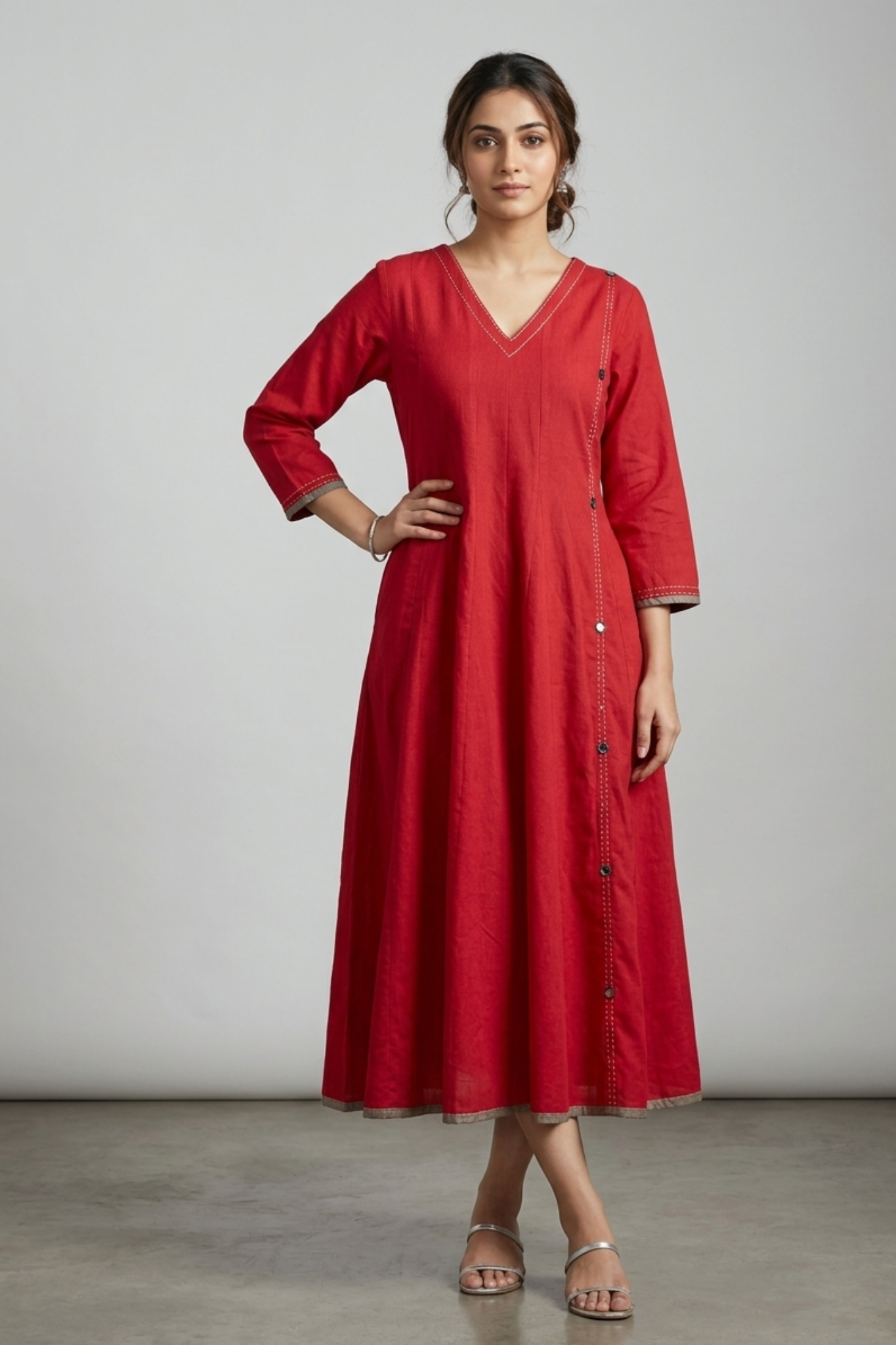 Cayenne Red Essence Cotton Long Maxi Dress With Sleeves Mc