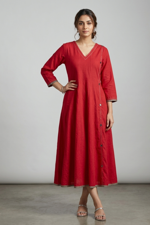 Cayenne Red Essence Cotton Long Maxi Dress With Sleeves Mc