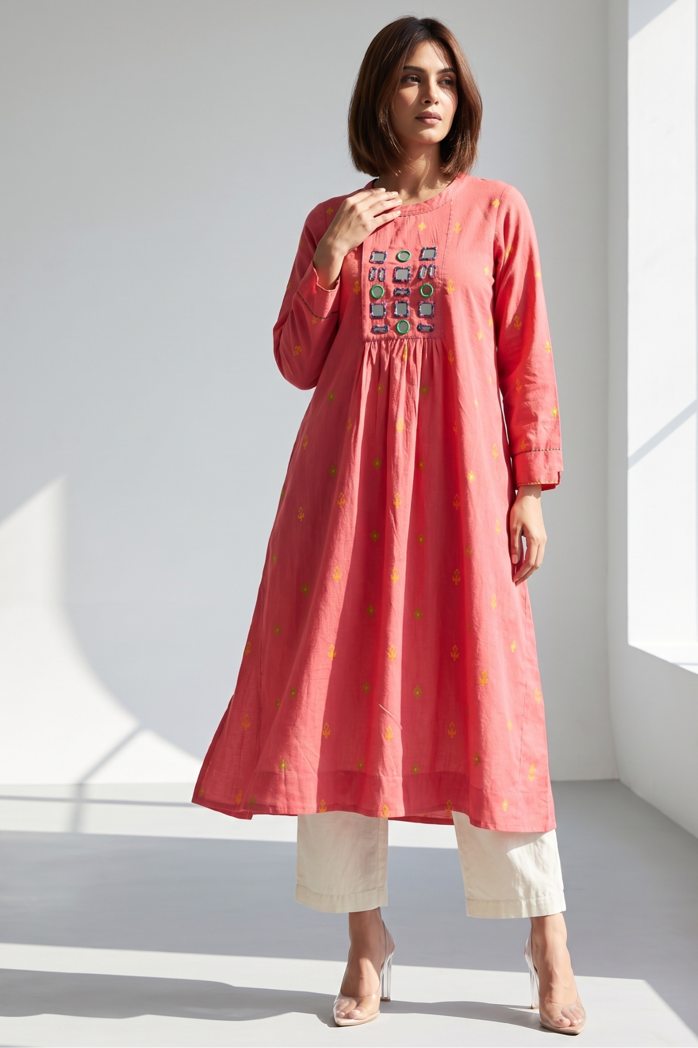 Pink Jewel Butti Zen Yoke Gather Cotton Kurta Top
