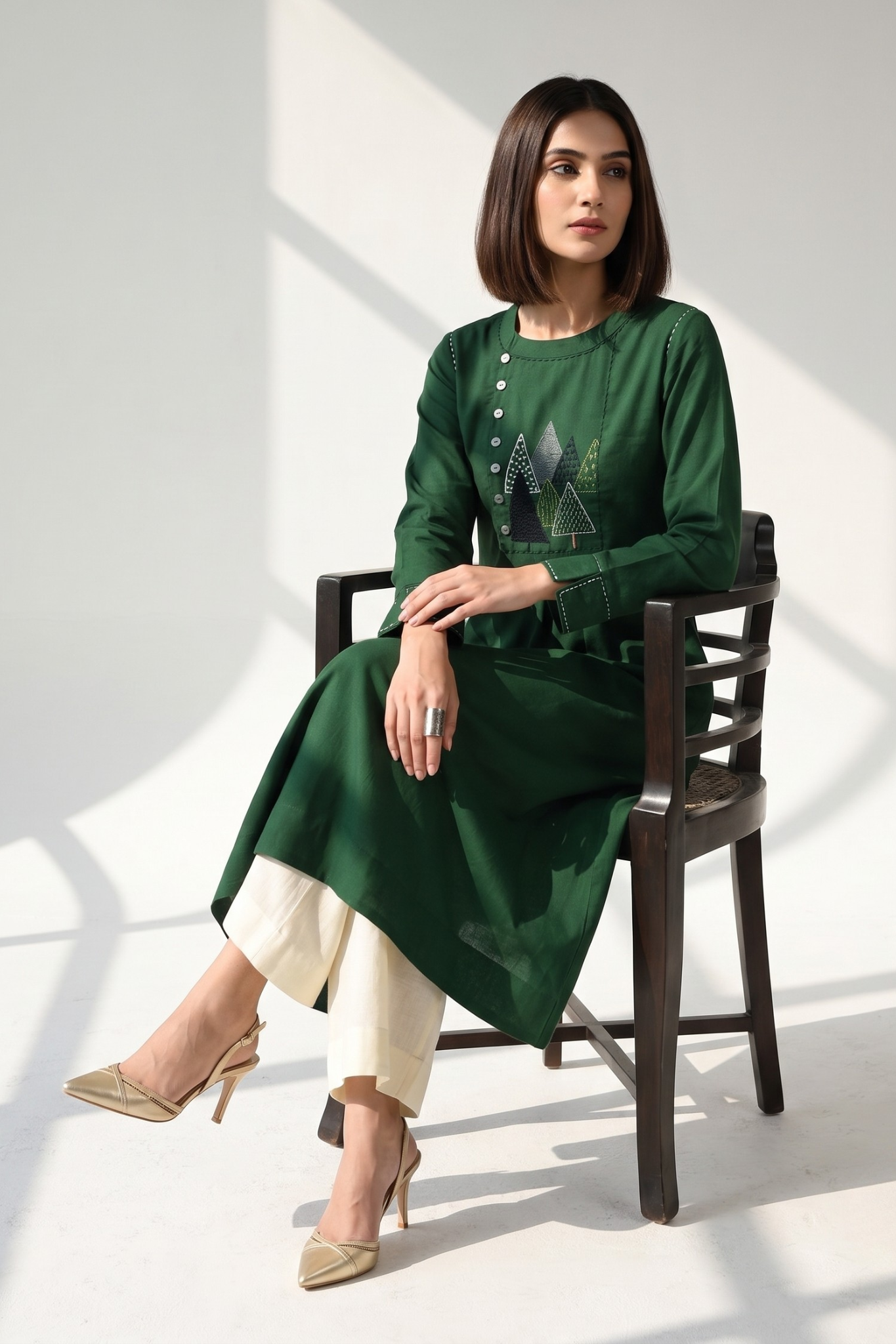 Jungle Jade Cotton Zen Yoke Gather Kurta Top