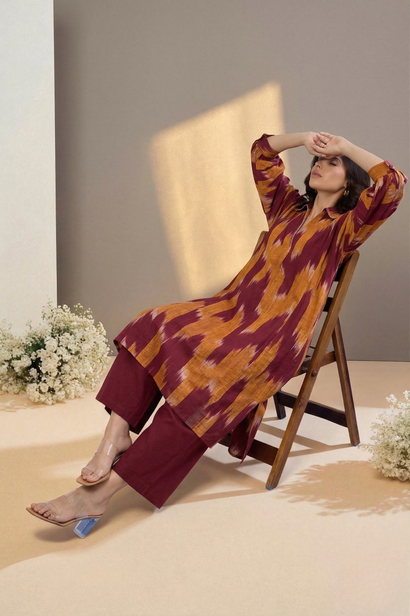 Burnt Sienna Gold Ikat Cotton Collar Box Pleat Kurta Top Mc
