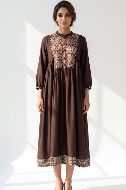 Espresso Ease Modal Gather Dress With Yoke Mc