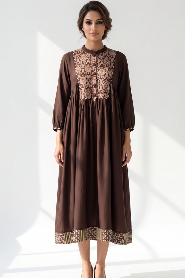 Espresso Ease Modal Gather Dress With Yoke Mc
