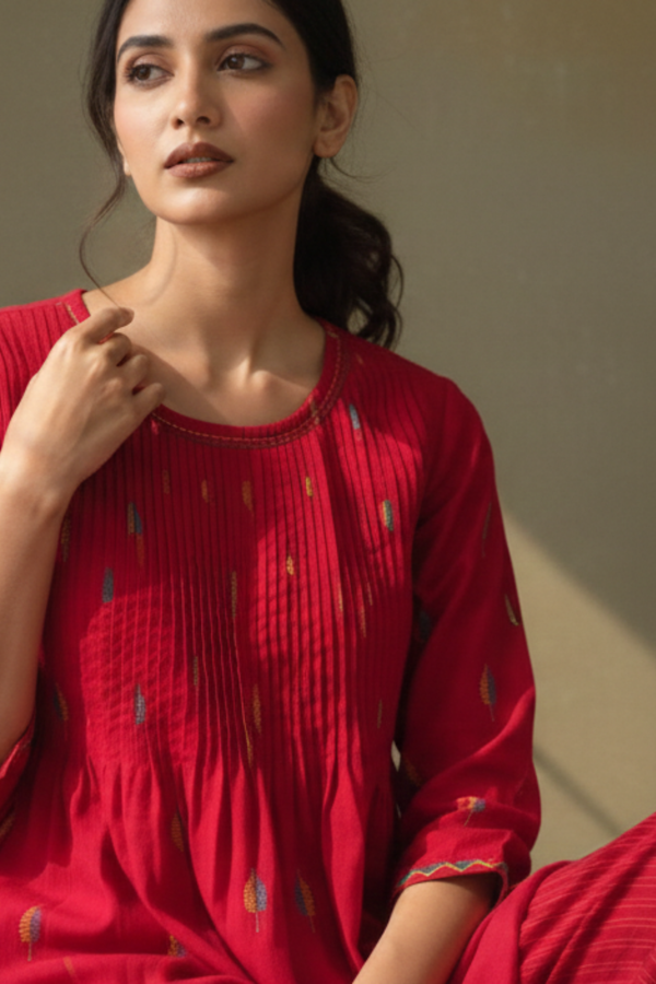 Red Petal Leaves Cotton Kurta Top With Pintuck Mc