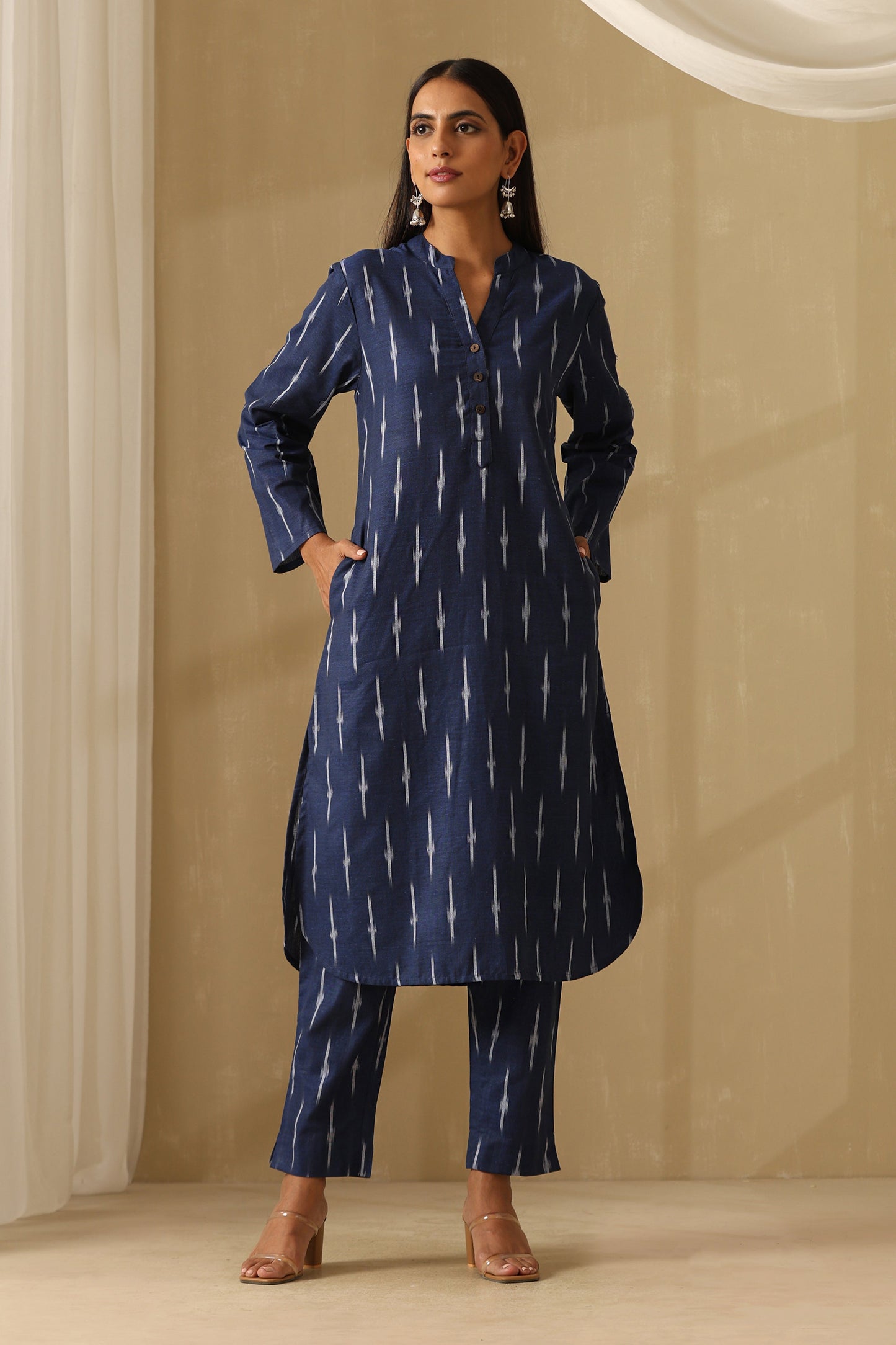 Murraya Ceylon Navy Ikat Handloom Cotton Kurta Set of 2