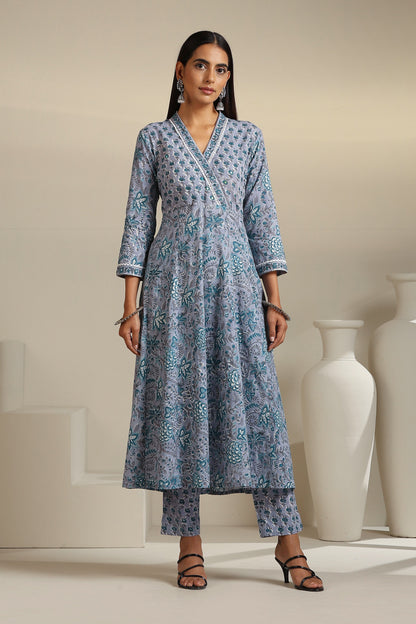 Murraya Grey Aquamarine Embroidered Anarkali Set of 3