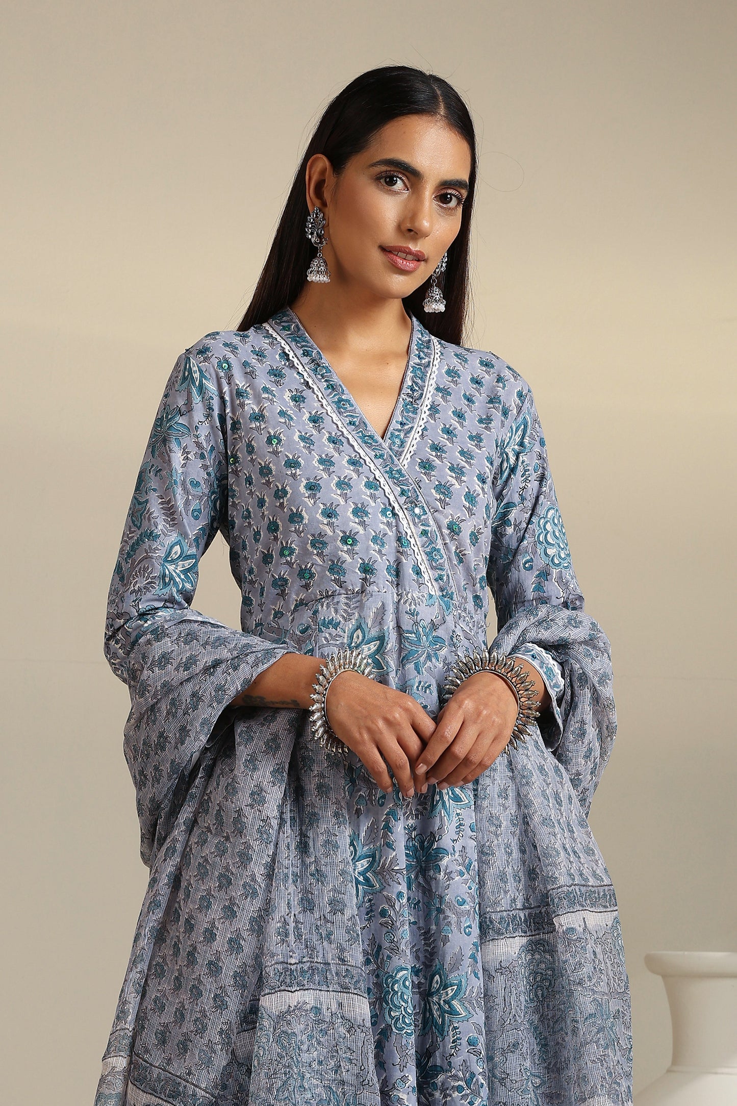 Murraya Grey Aquamarine Embroidered Anarkali Set of 3