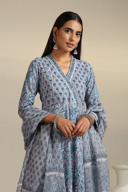 Murraya Grey Aquamarine Embroidered Anarkali Set of 3