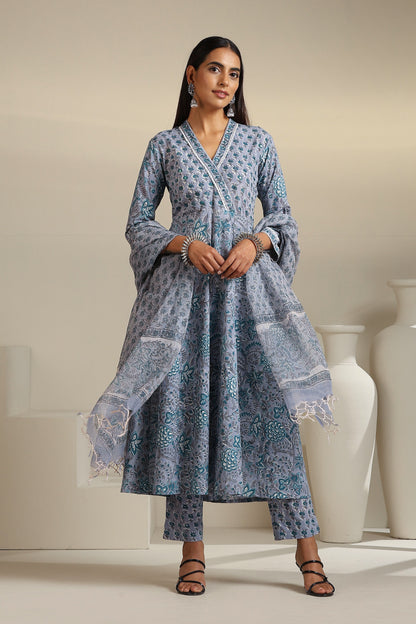 Murraya Grey Aquamarine Embroidered Anarkali Set of 3