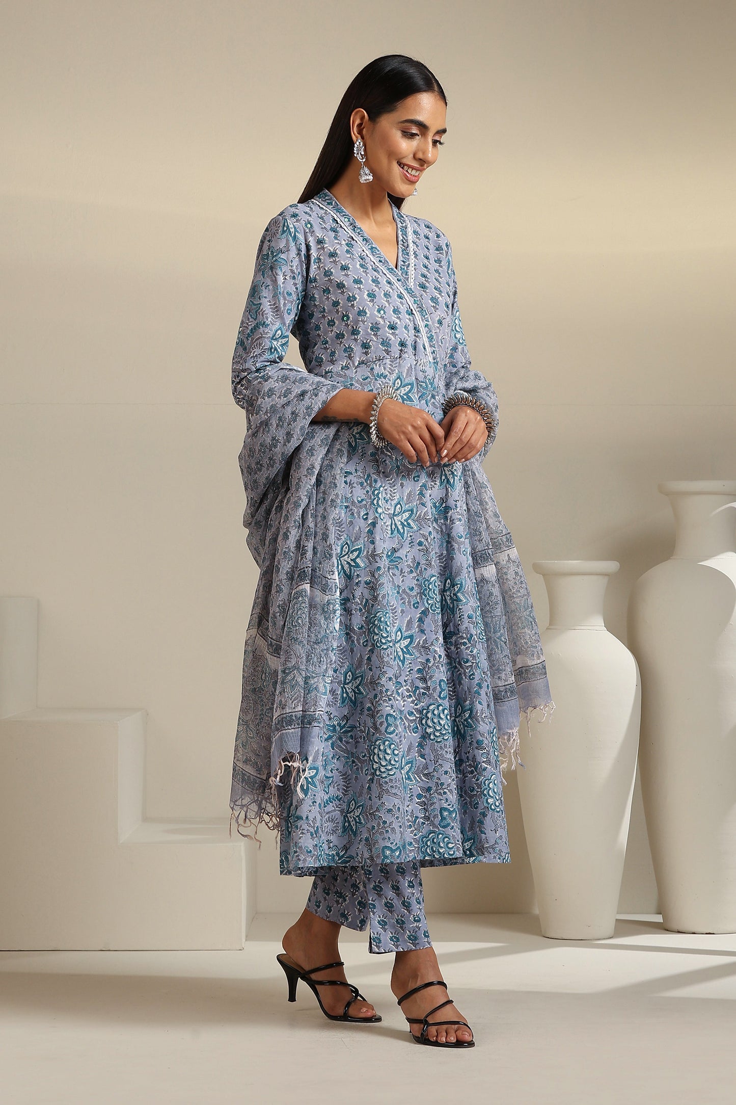 Murraya Grey Aquamarine Embroidered Anarkali Set of 3