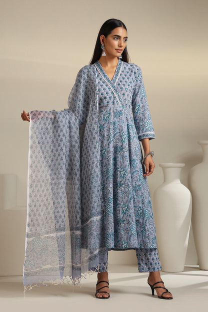 Murraya Grey Aquamarine Embroidered Anarkali Set of 3