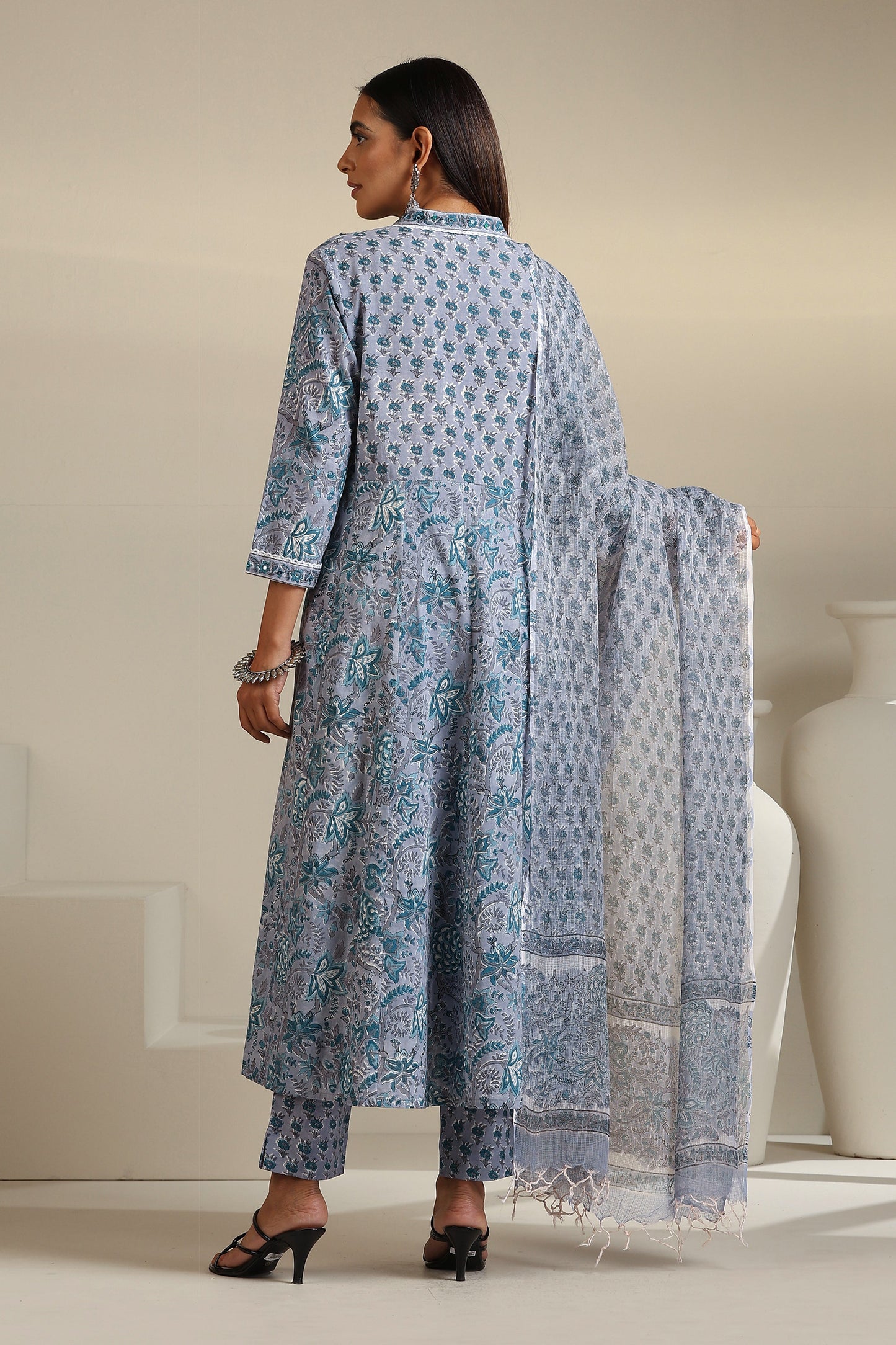 Murraya Grey Aquamarine Embroidered Anarkali Set of 3