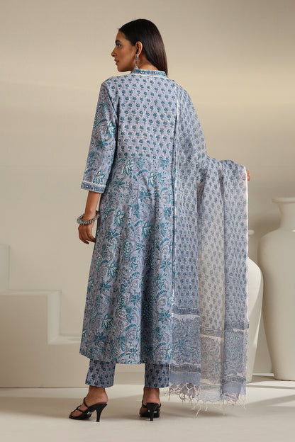 Murraya Grey Aquamarine Embroidered Anarkali Set of 3