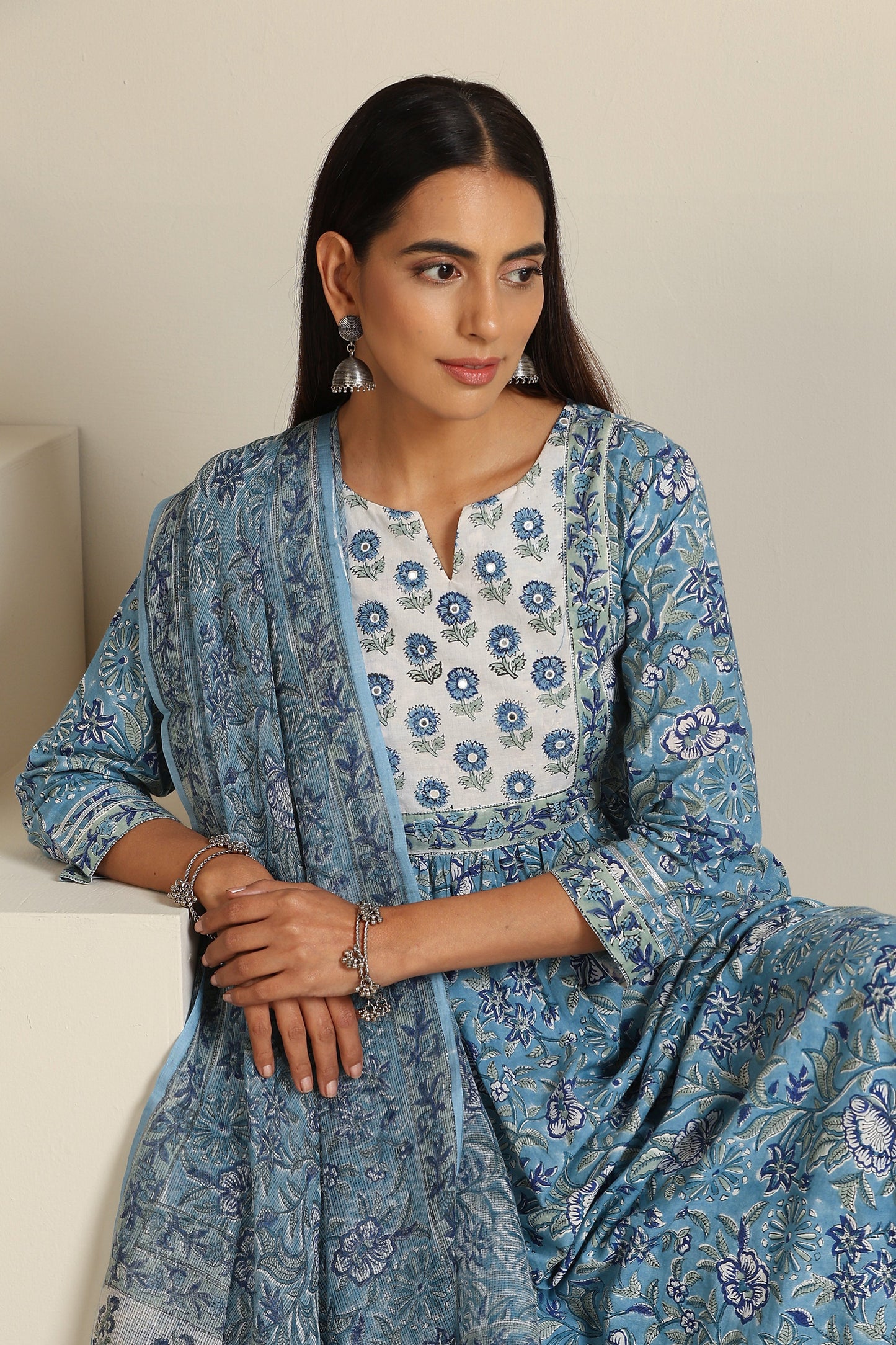 Murraya Azure Blue Mirrorwork Anarkali Set of 3