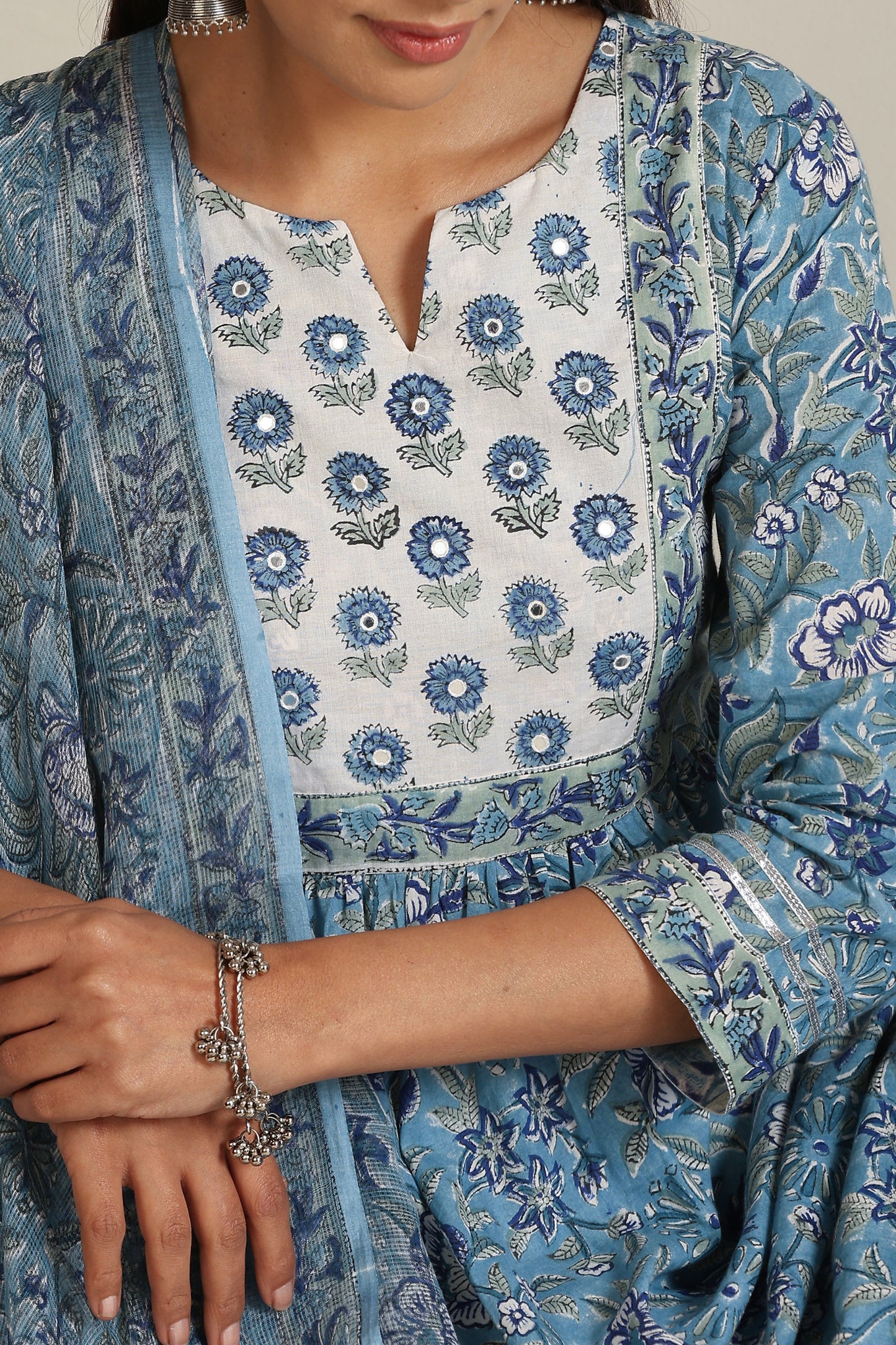 Murraya Azure Blue Mirrorwork Anarkali Set of 3