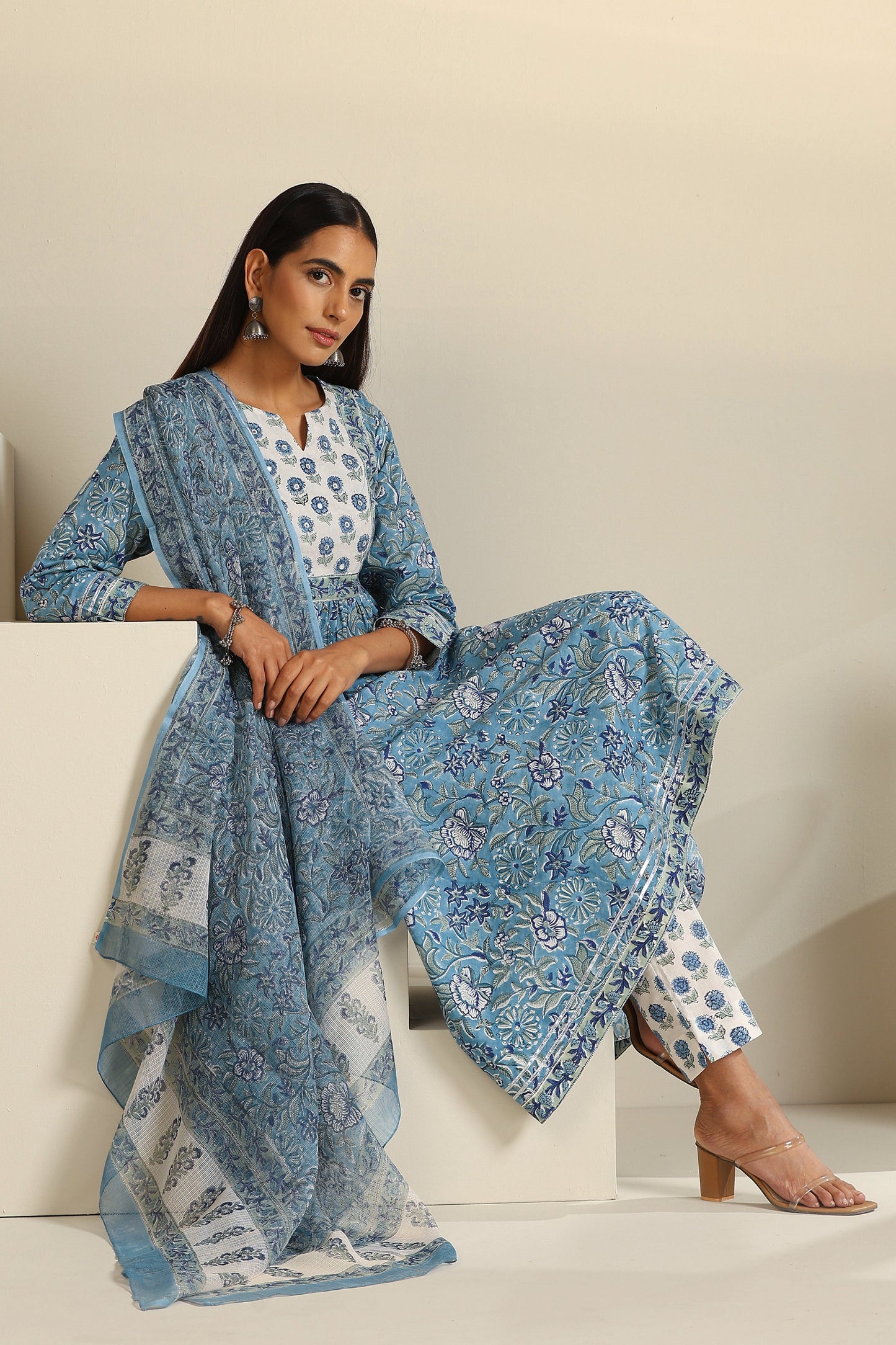 Murraya Azure Blue Mirrorwork Anarkali Set of 3