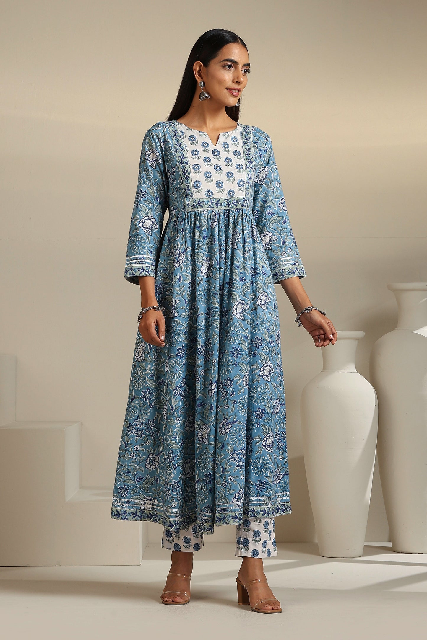 Murraya Azure Blue Mirrorwork Anarkali Set of 3