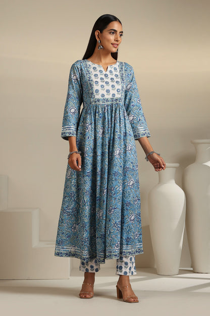 Murraya Azure Blue Mirrorwork Anarkali Set of 3