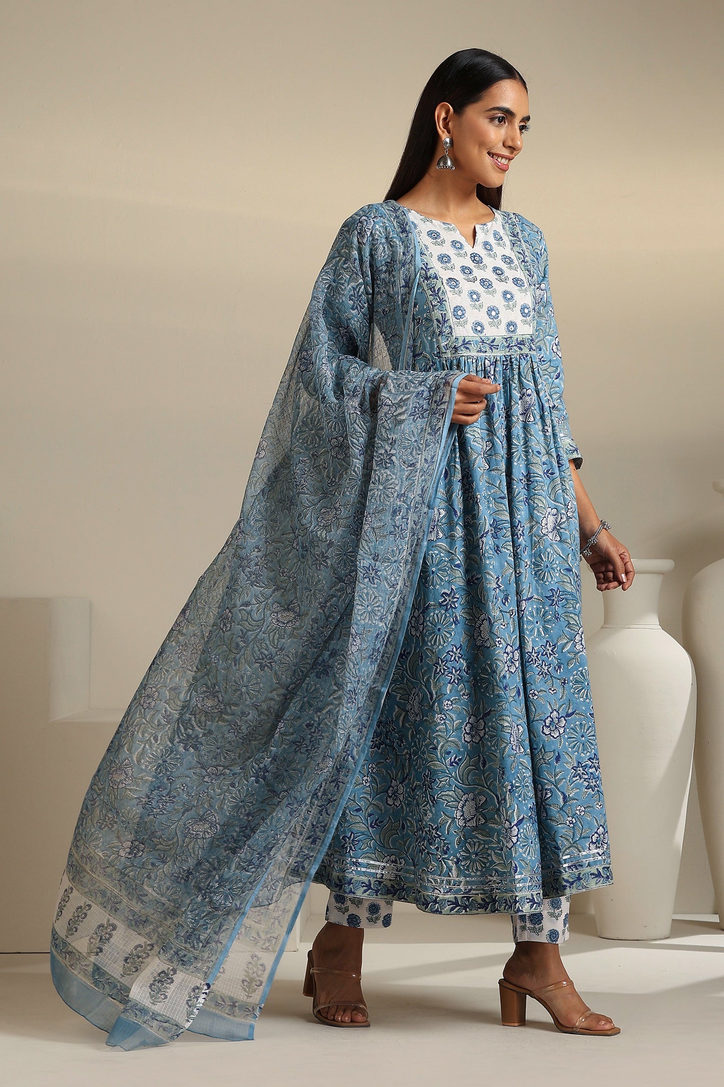 Murraya Azure Blue Mirrorwork Anarkali Set of 3