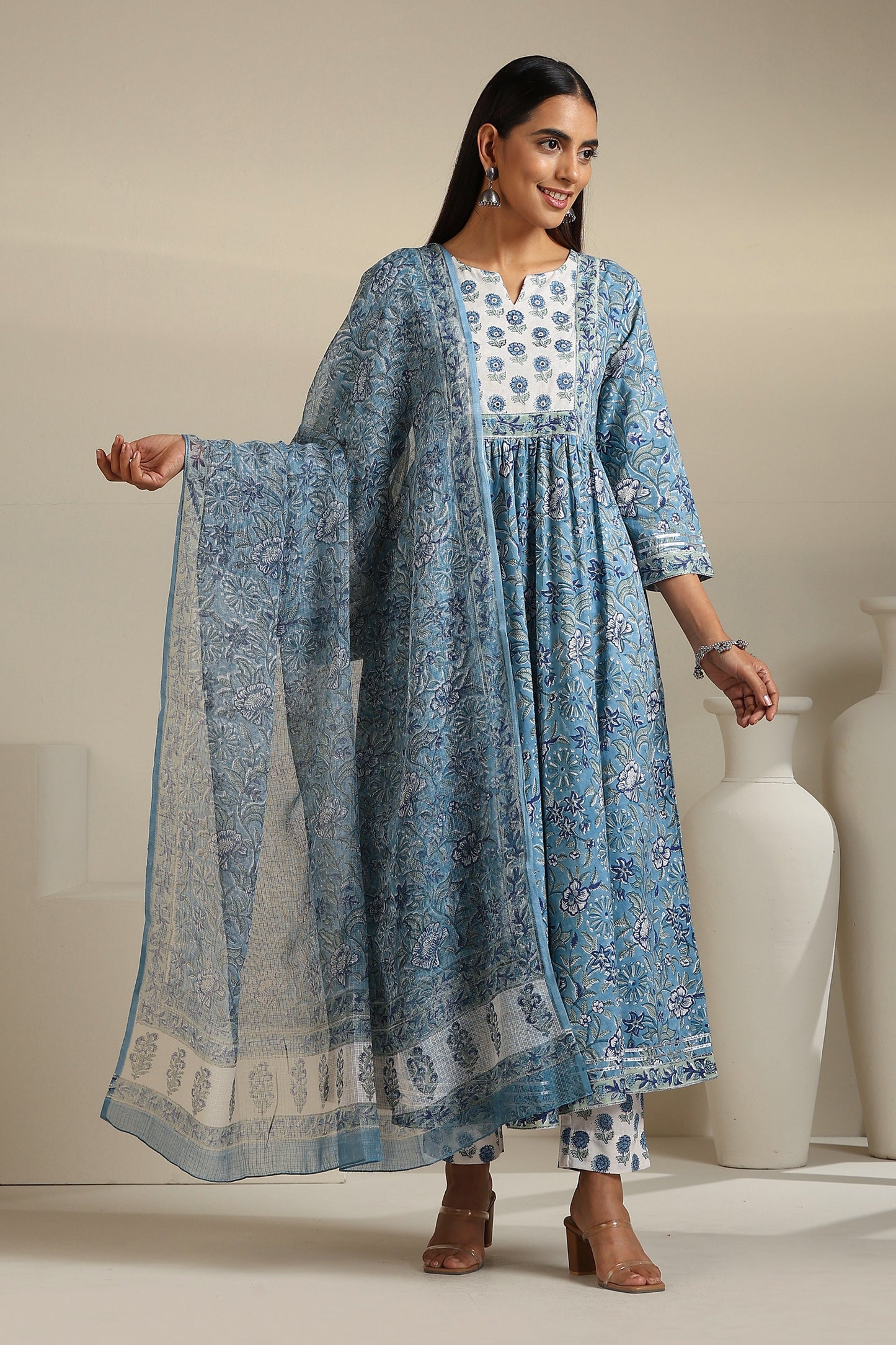 Murraya Azure Blue Mirrorwork Anarkali Set of 3